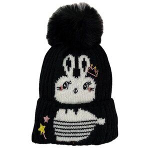 Bunny Kids Boys Girls Winter Pom Pom Xmas Holidays Knitted Warm Hat Beanie-Black